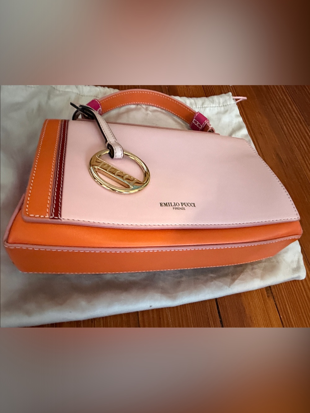 New Authentic Emilio Pucci Pink and Orange Leather Top-Handle Satchel - Picture 4 of 7